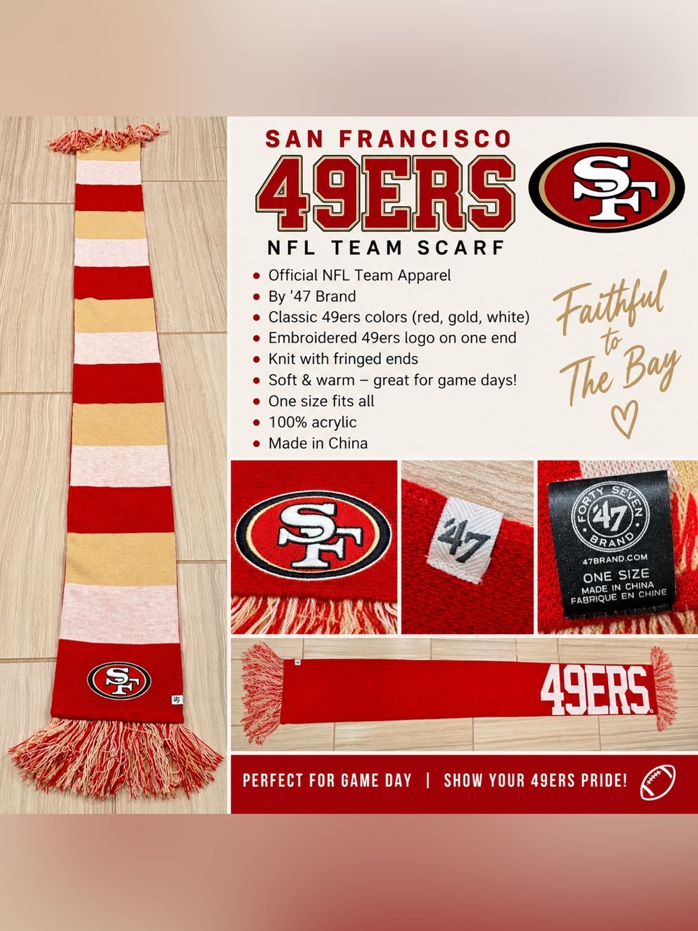 NFL San Francisco 49ers Red, Gold, White Knit Team Scarf